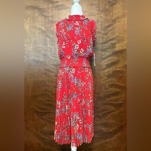 Nanette Lepore Smocked High Neck Pleated Dress Womens 10 Red Floral Sleeveless